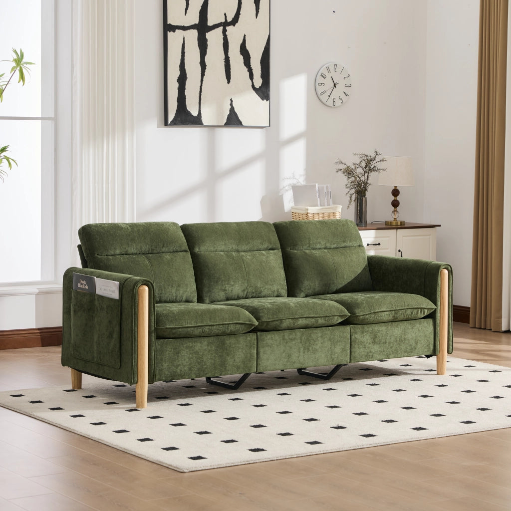 Divano ad angolo con pouf contenitore e tasche laterali chaise longue reversibile in ciniglia verde 201 × 77 × 86 cm