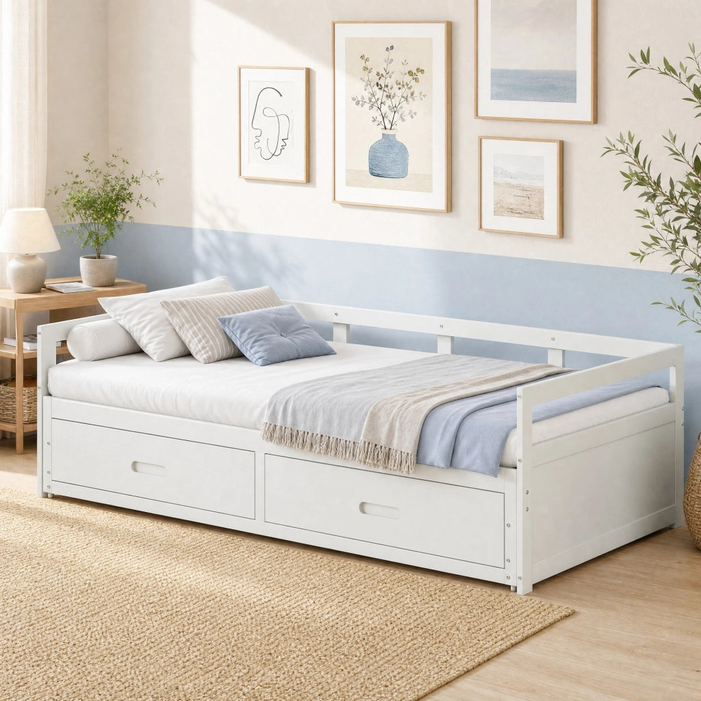 Divano letto estraibile 90/180x200 cm con 2 cassetti; in legno di pino