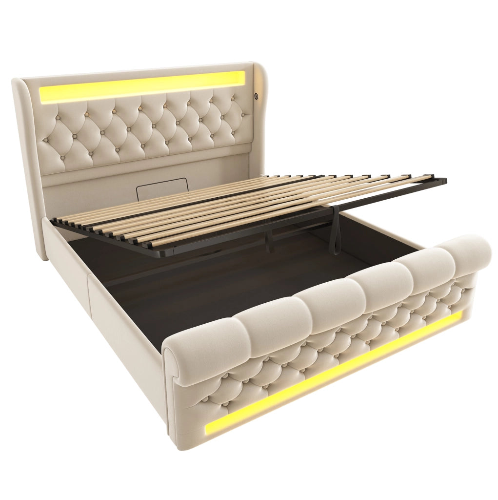 Letto matrimoniale imbottito 160x200 cm in velluto beige con LED; contenitore e USB Type-C