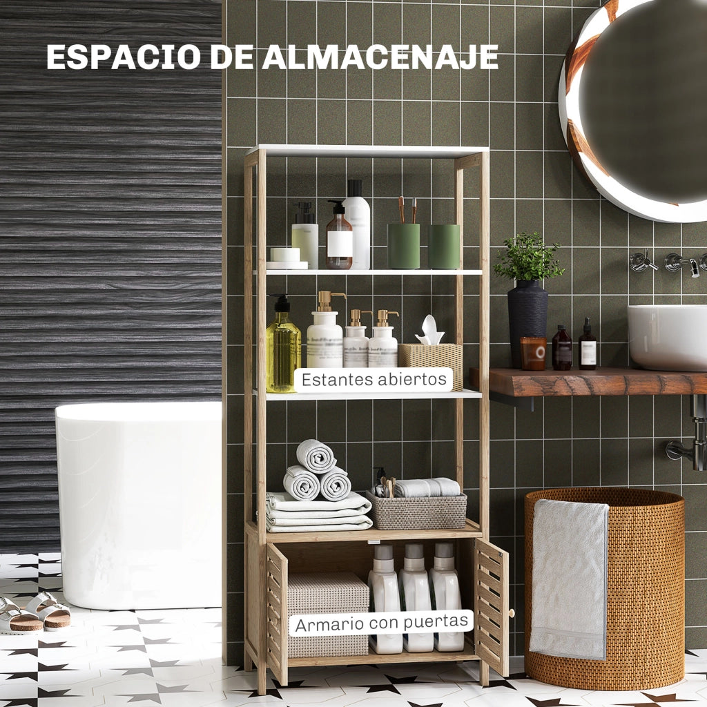 Mobile da Bagno in Bamb¨´ con 3 Ripiani e Ante a Lamelle ¨C Zephmum ¨C Naturale e Bianco 63x30x138 cm