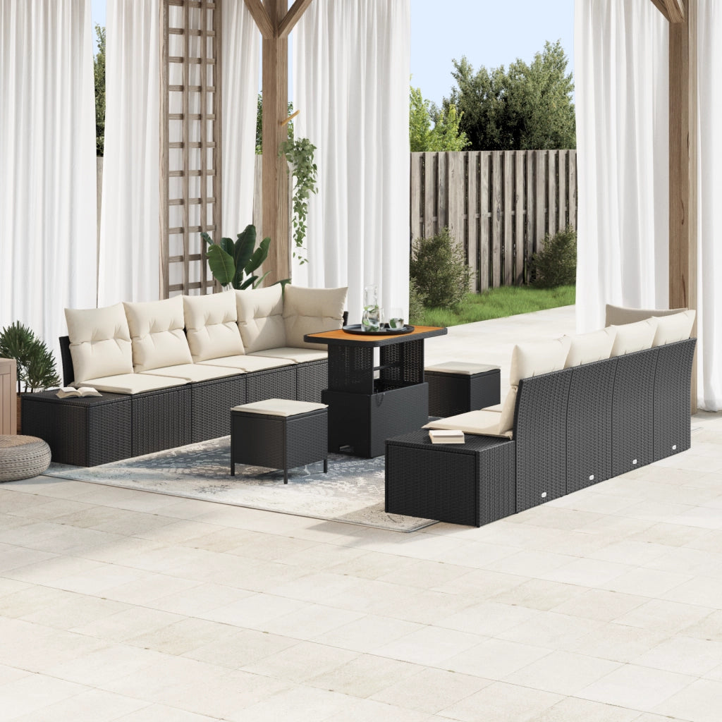 Set Divano da Giardino di 11 Pezzi con Cuscini Nero Polirattan Acacia