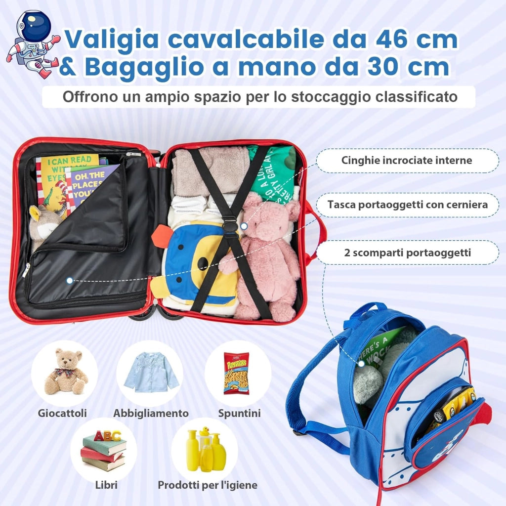 Valigia Cavalcabile per Bambini, 18" Valigia+ 12" Zaino,2 Pezzi, Trolley Bambini Bagaglio a Mano con Ruote Girevoli e Maniglia Retrattile, 2 Cingie Multiuso (Modello 4)