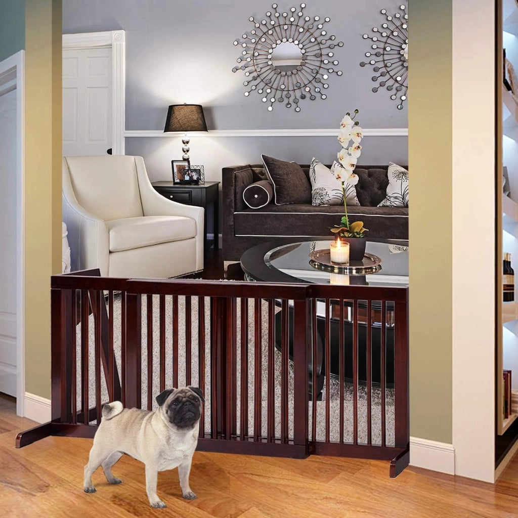 Recinto per Cani da Interno, Cancelletto Regolabile in Legno con Base Larga e 3 Ante, Recinzione per Animali Domesti di Piccola/Media Taglia, 140-203 x 9,5 x 56 cm