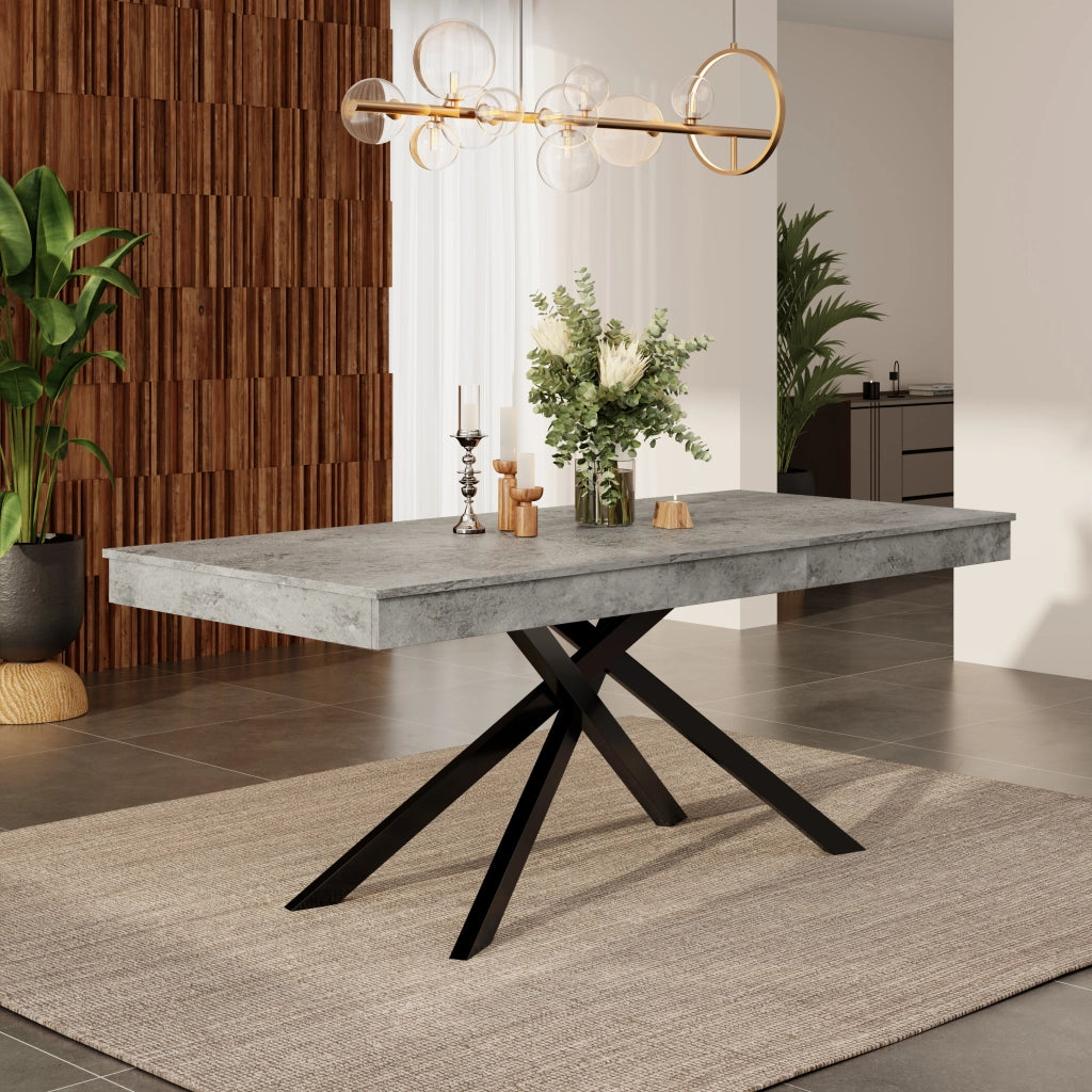 Tavolo da pranzo allungabile con piano da 93 mm, gambe incrociate, per sala da pranzo, cucina e soggiorno, grigio