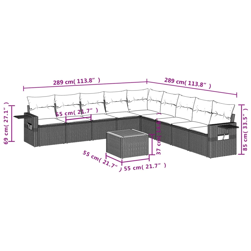 Set Divani da Giardino 10pz con Cuscini in Polyrattan Nero 3224607
