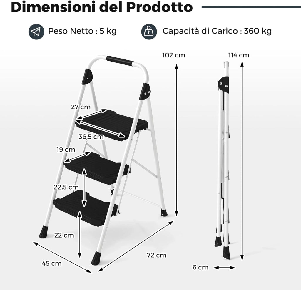 Scala a 3 Gradini, Scaletta Pieghevole in Acciaio con Corrimano Imbottito, Pedale Antiscivolo e Blocco di Sicurezza, per Cucina, Giardino e Ufficio, Portata 360 kg (Nero + Bianco)