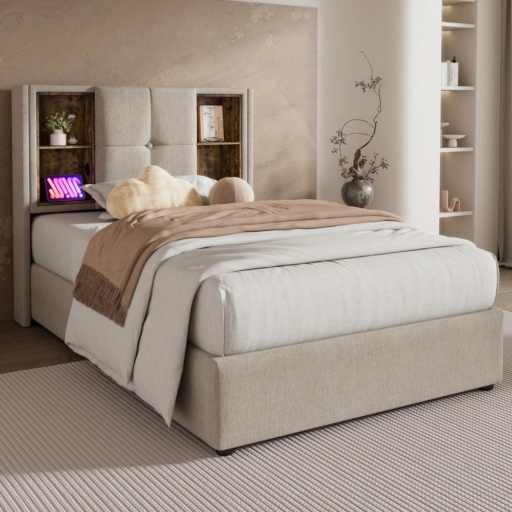 Letto Singolo Contenitore Imbottito ¨C MINIMAL ¨C 90x200, Rete a Doghe in Legno, Ricarica USB