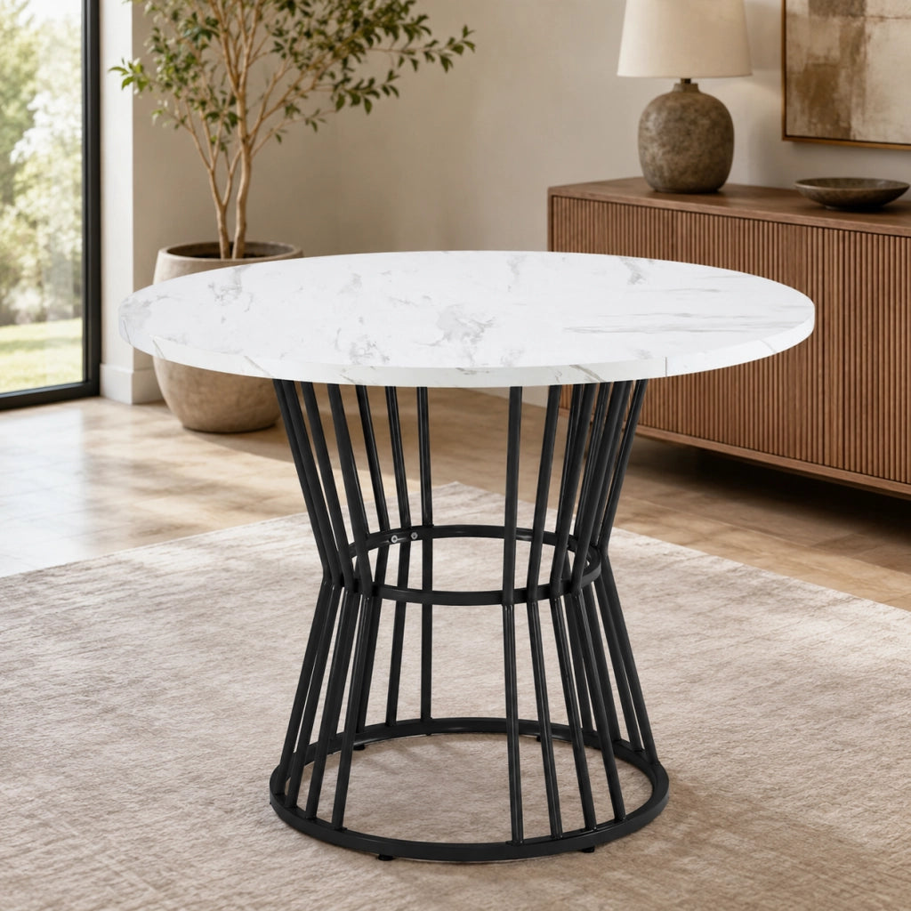 Tavolo da pranzo rotondo 100x75 cm con effetto marmo in MDF e metallo nero