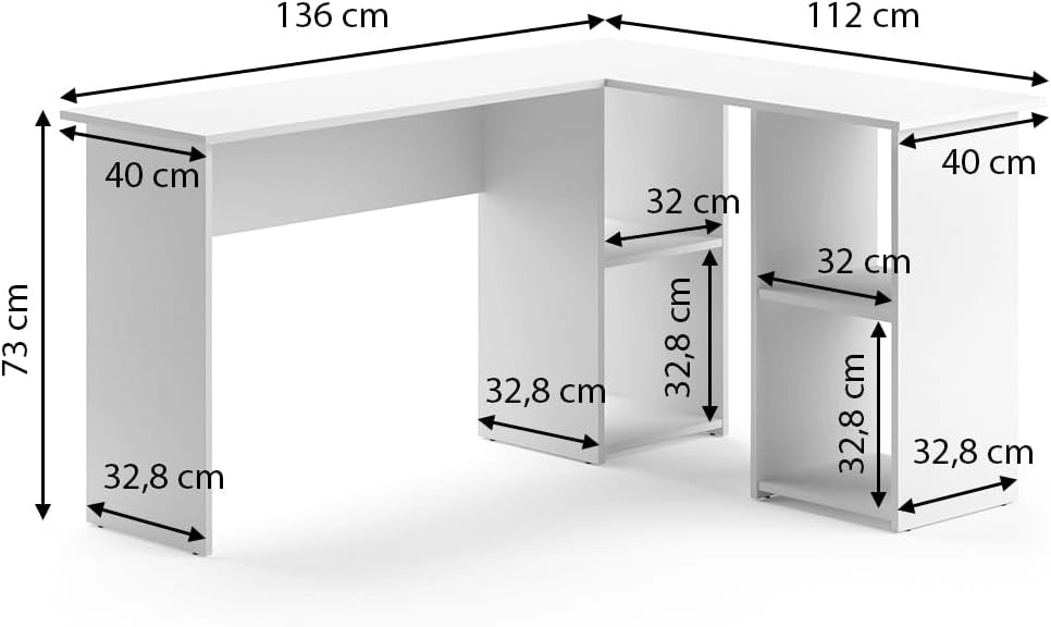 Scrivania angolare Carlo, Bianco, 136 x 112 cm, con ripiani aperti per una configurazione flessibile dello spazio di lavoro