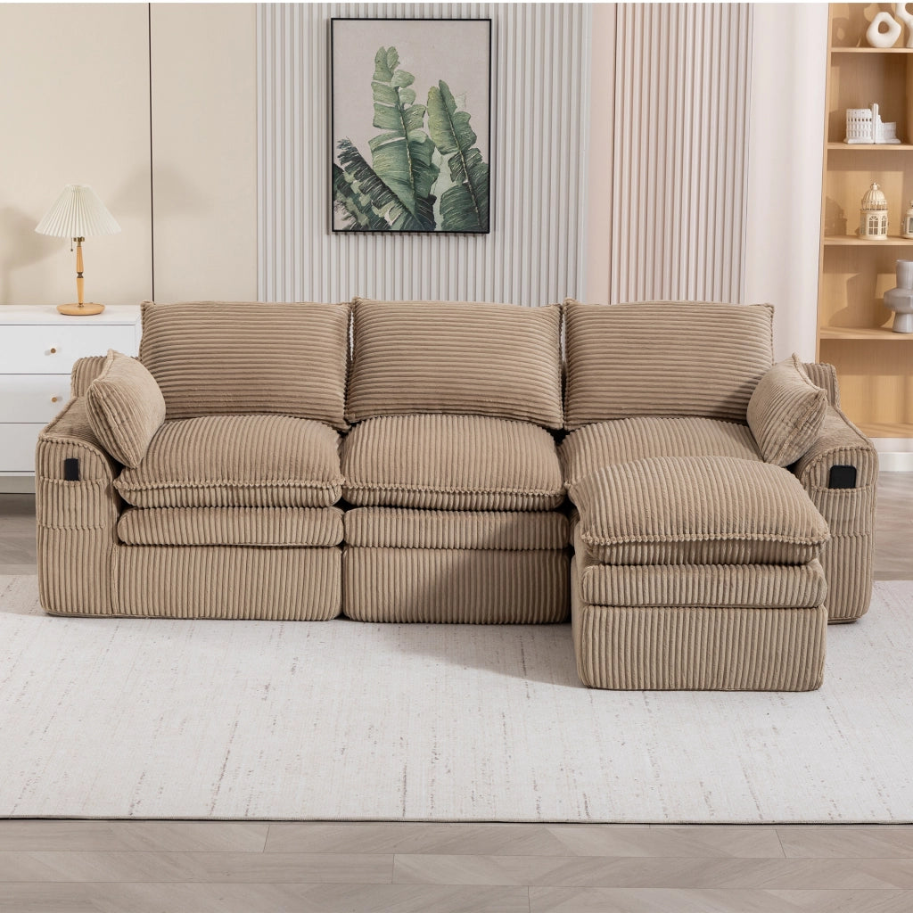 Divano modulare a 3 posti con pouf, cuscini, tasche laterali e struttura a molle in tessuto corduroy khaki