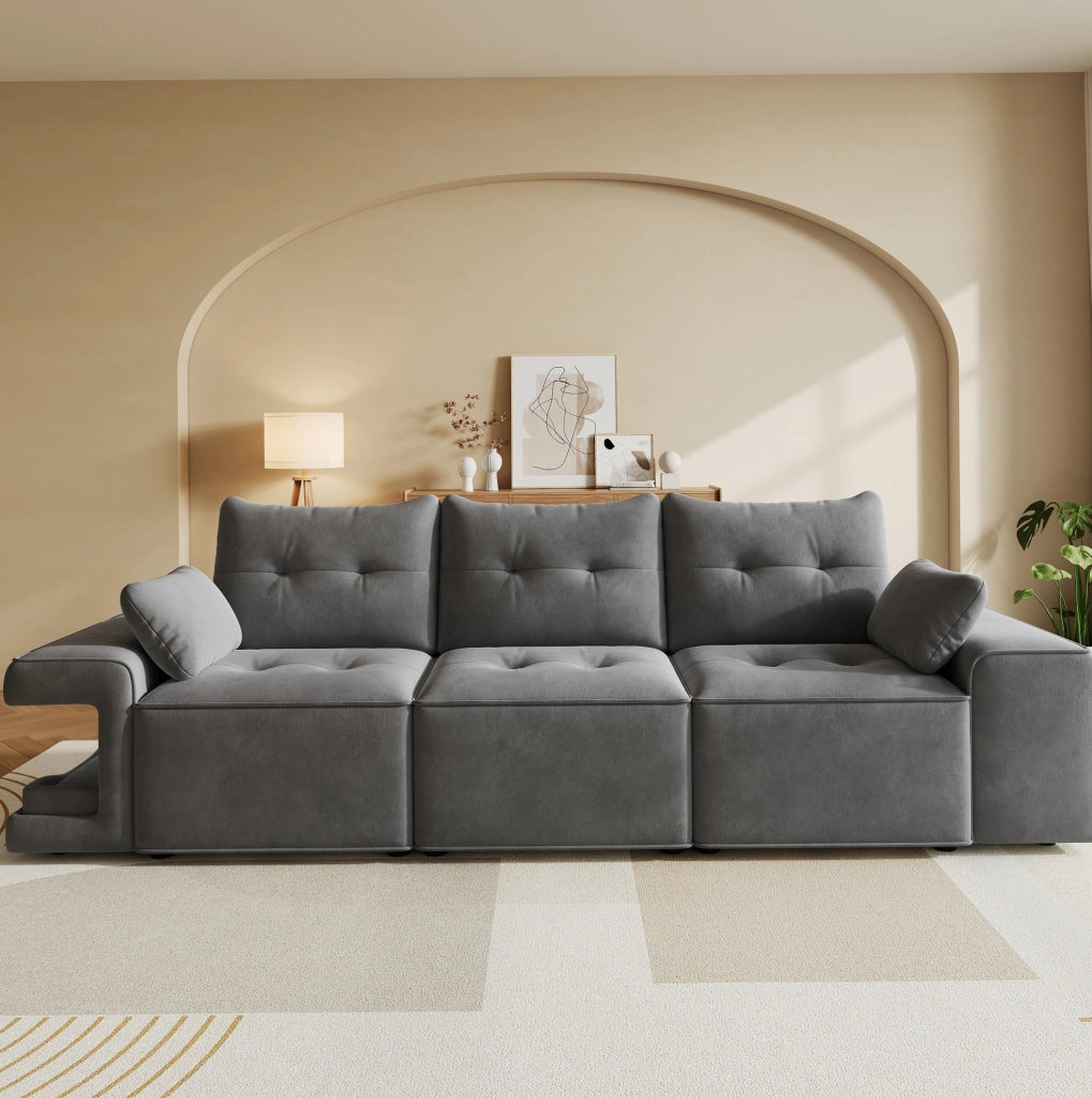 Divano modulare 3 posti con vani contenitore e nicchie per animali; 229;5 cm; velluto grigio
