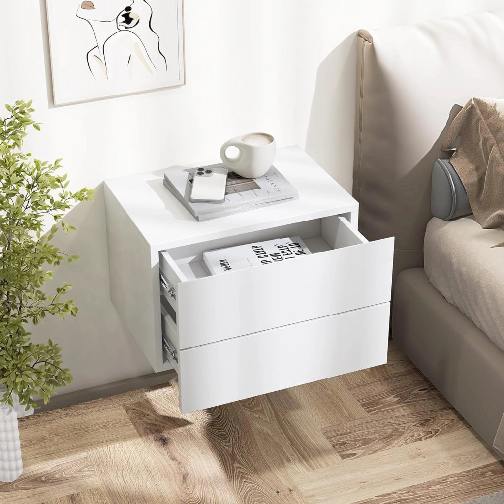 Comodino Camera da Letto Sospeso, Comodino in Legno con 2 Cassetti Salvaspazio, Comodino per Cameretta Moderno da Parete, per Soggiorno, 42 x 30 x 28 cm (Bianco)