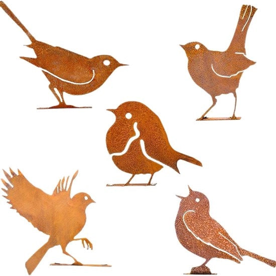 Set di decorazione per alberi a 5 pezzi, naturale patina di ruggine, decorazione per giardino fiori retro Tit Wren
