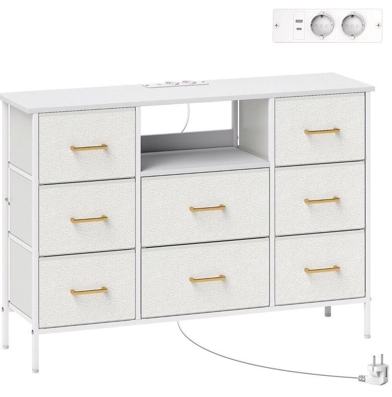 Cassettiera con 8 cassetti in tessuto bianco crema con prese integrate