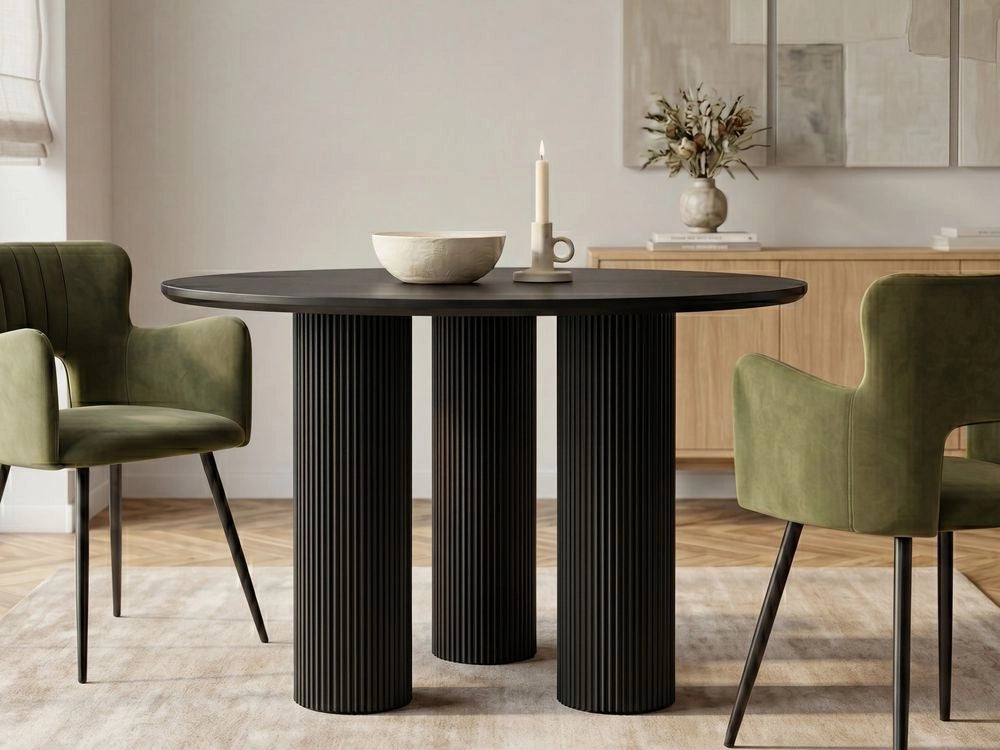 Tavolo da pranzo in MDF nero da 120 cm con gambe a colonna scanalate e nervate, design minimalista