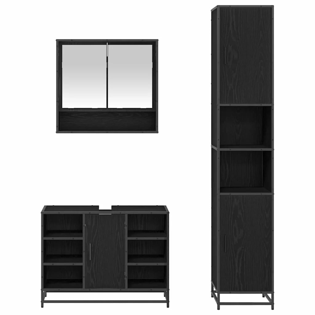 Set di mobili per il Bagno | Armadio da bagno 3 pz Rovere Nero Legno multistrato