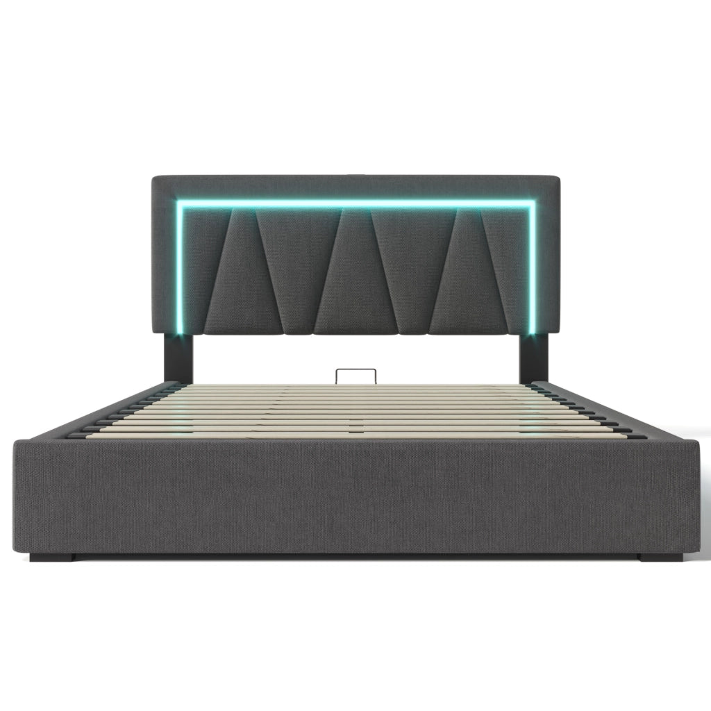 Letti contenitori 140x200 cm con testiera regolabile; LED e USB; lino grigio (Senza materasso)