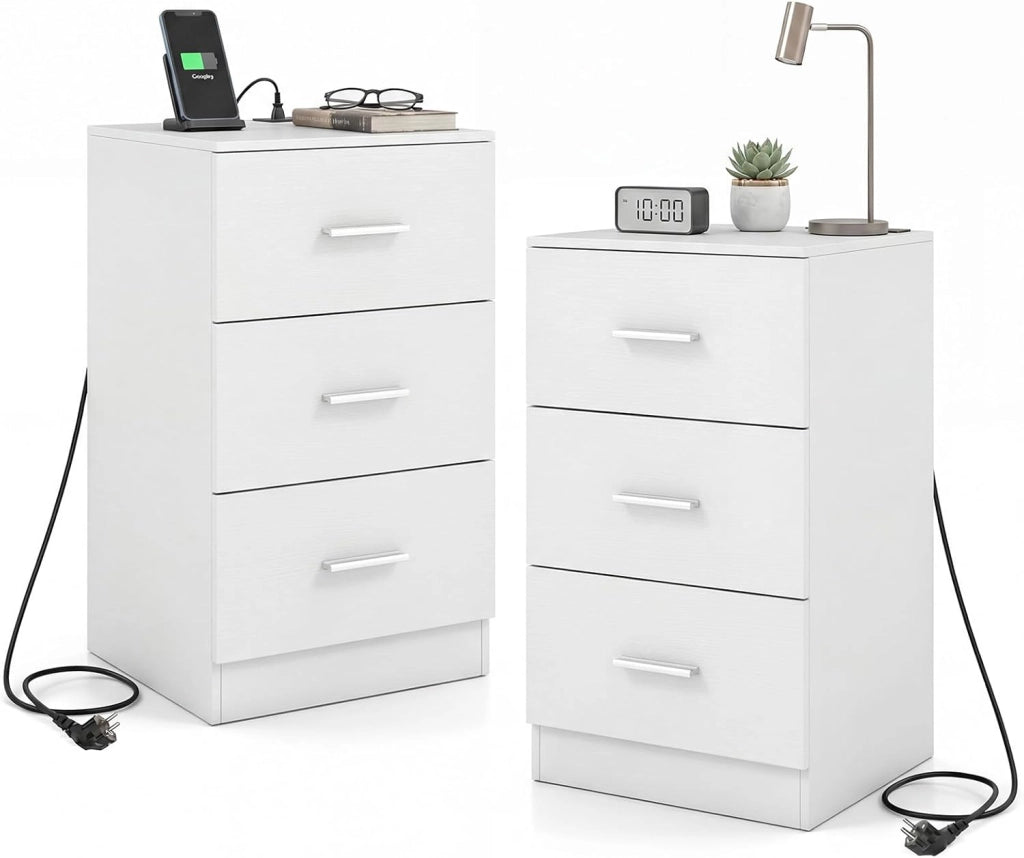 Comodino Camera da Letto 37 x 34 x 66,5cm, Cassettiera in Legno Moderno con 3 Cassetti, Mobile Salvaspazio per Soggiorno, Ufficio e Camerretta (2,Bianco)