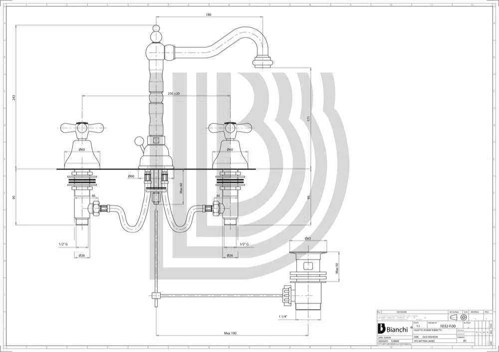 Batteria lavabo tre fori con bocca girevole e scarico OLD FASHION Vecchio ottone