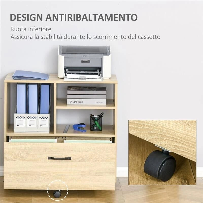 MOBILE MULTIUSO CON 5 RUOTE E RIPIANO REGOLABILE 77X40X73CM LEGNO NATURALE