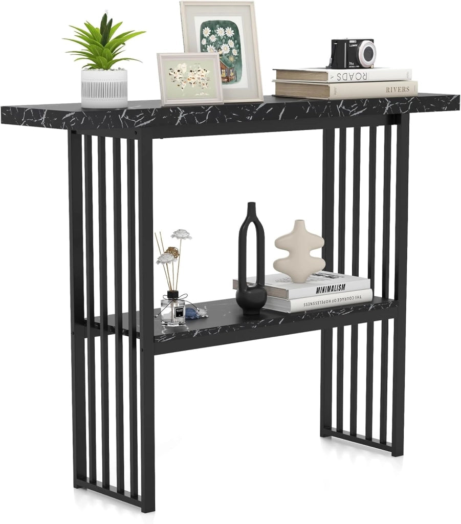 Tavolo da Ingresso Stretto e Compatto, Tavolo da Divano in Finto Marmo con Struttura in Acciaio, Consolle Moderno per Salotto e Corridoio, 120 x 29,5 x 92,5 cm (Nero e Bianco)