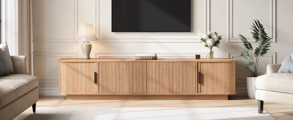 Mobile porta TV con LED, 2 cassetti e 2 ante scorrevoli, per soggiorno, in MDF e PB, naturale, 180 × 40 × 40 cm