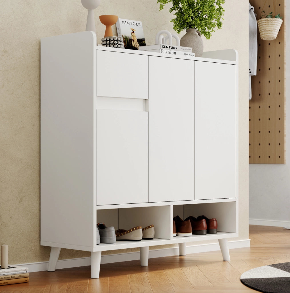 Mobiletto bianco con ripiani regolabili, gambe in legno massiccio, 99x90x35 cm