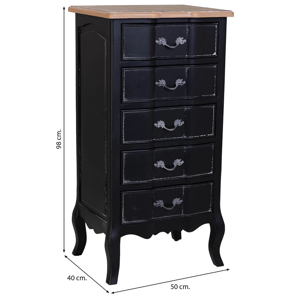 Comò in legno laccato nero invecchiato con 5 cassetti 50x40x98h cm