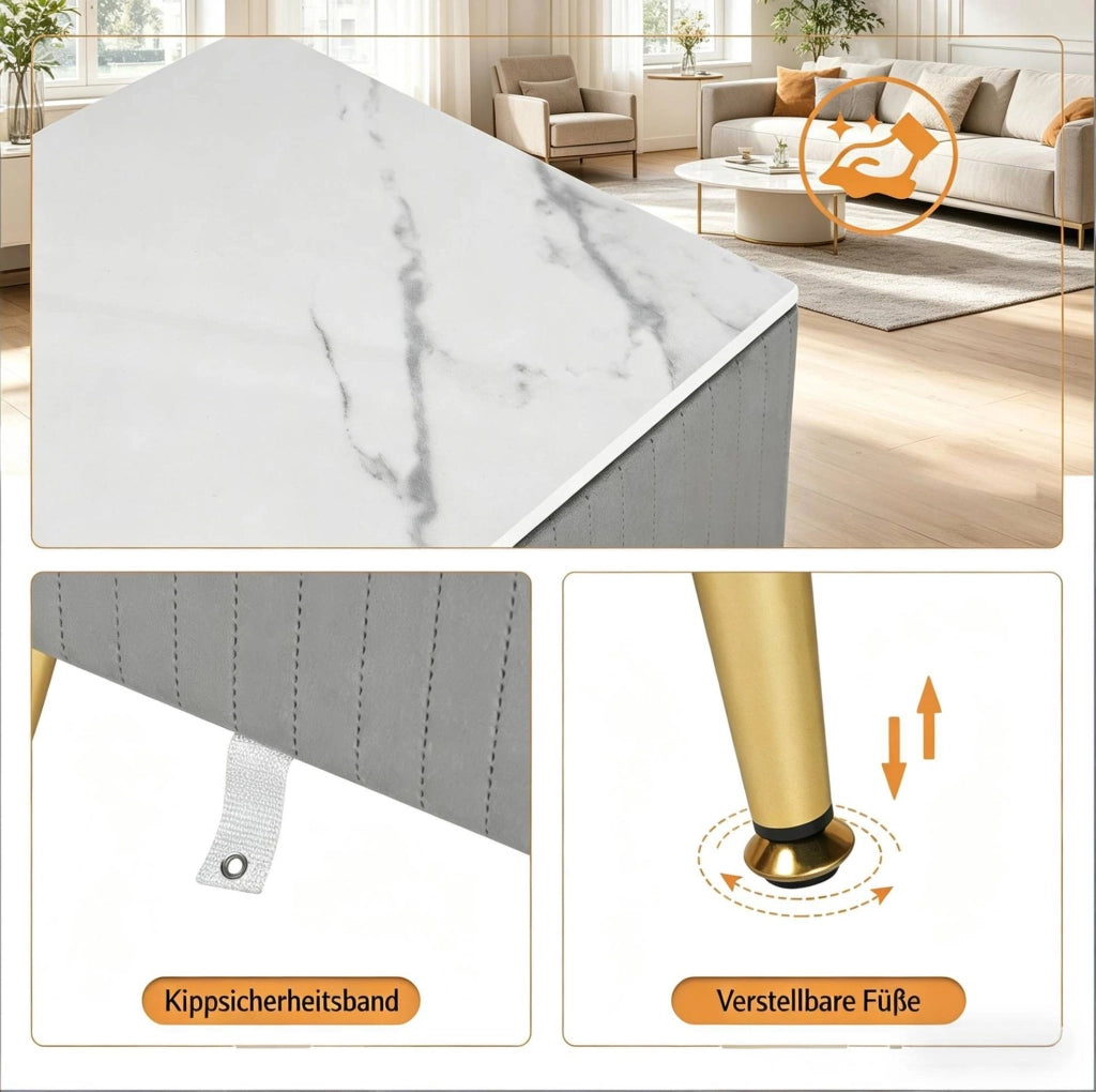 Comodino con 3 Cassetti Rivestito in Velluto con Gambe in Metallo Grigio