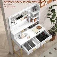 Mobile Toeletta con Specchio, 2 Cassetti, 5 Ripiani e Sgabello, in MDF e Truciolato, 80x40x138 cm, Bianco