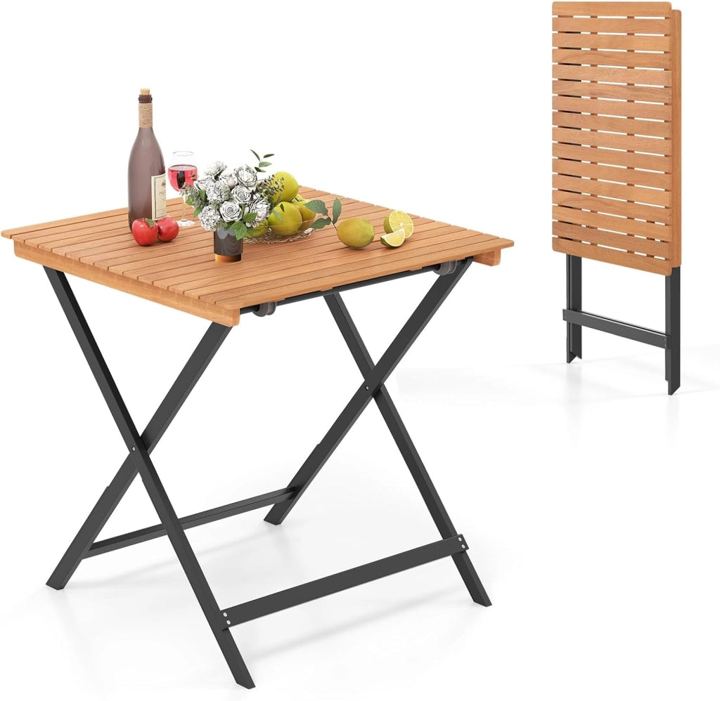 Tavolo Pieghevole da Esterno, Quadrato in Legno di Acacia, 2 Ganci di Fissaggio, Struttura a X, per Balcone Terrazzo Giardino, Portata 80 kg