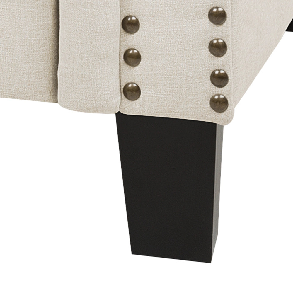Divano Chesterfield Rivestimento in tessuto beige Gambe in legno scuro 3 posti