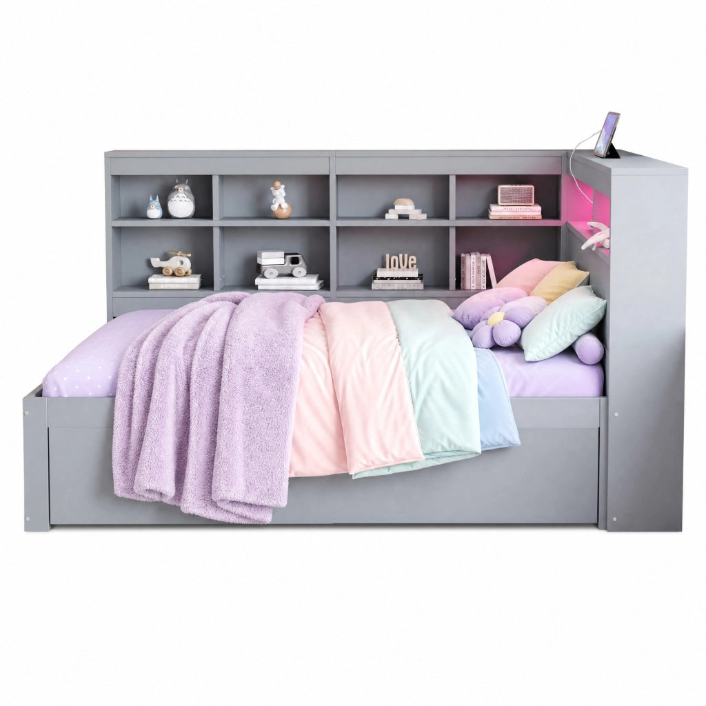 Letto matrimoniale multifunzione 140x200 cm in legno con contenitori, USB e LED, grigio