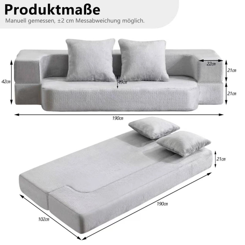 Divano letto pieghevole 2 posti in schiuma, grigio chiaro