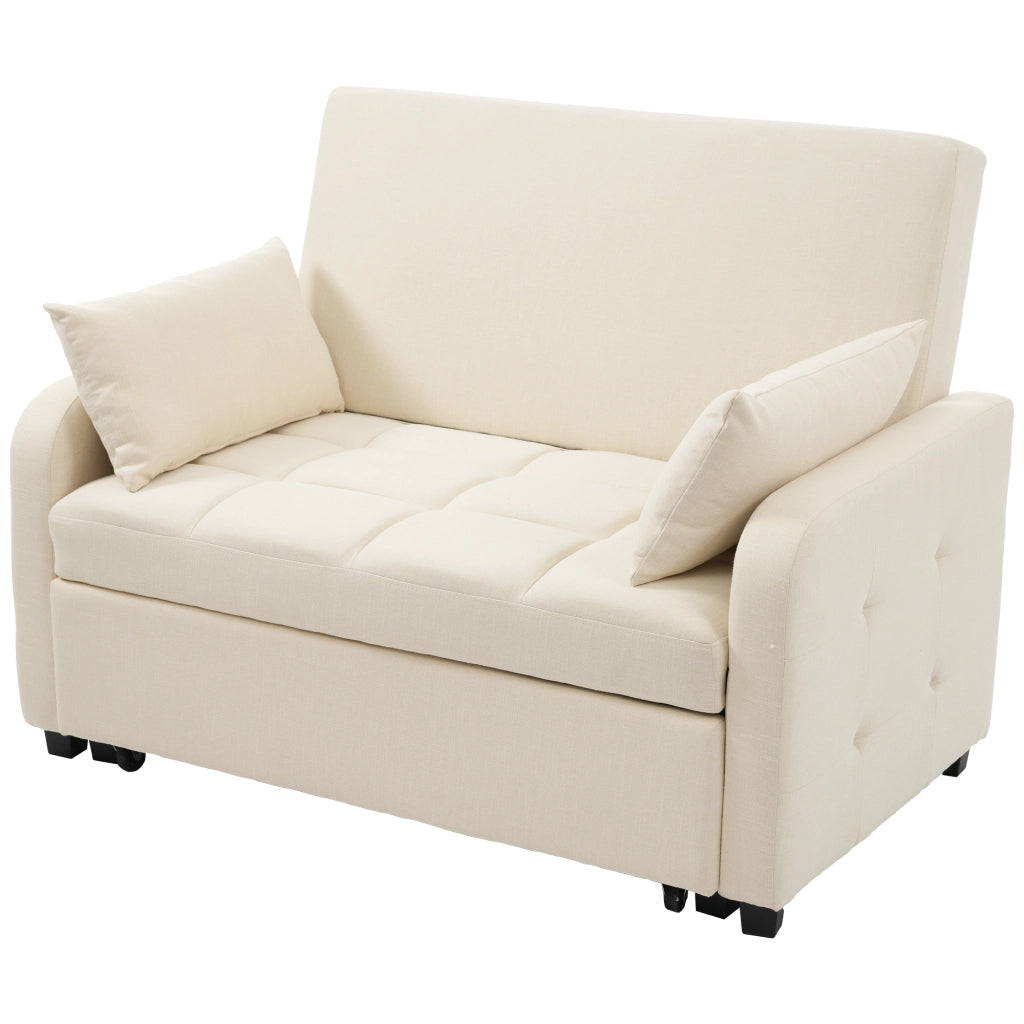 OKWISH Divano Letto 2 Posti, Schienale Regolabile in 3 Posizioni con 2 Cuscini, Meccanismo Scorrevole, Lino Cotone, Beige
