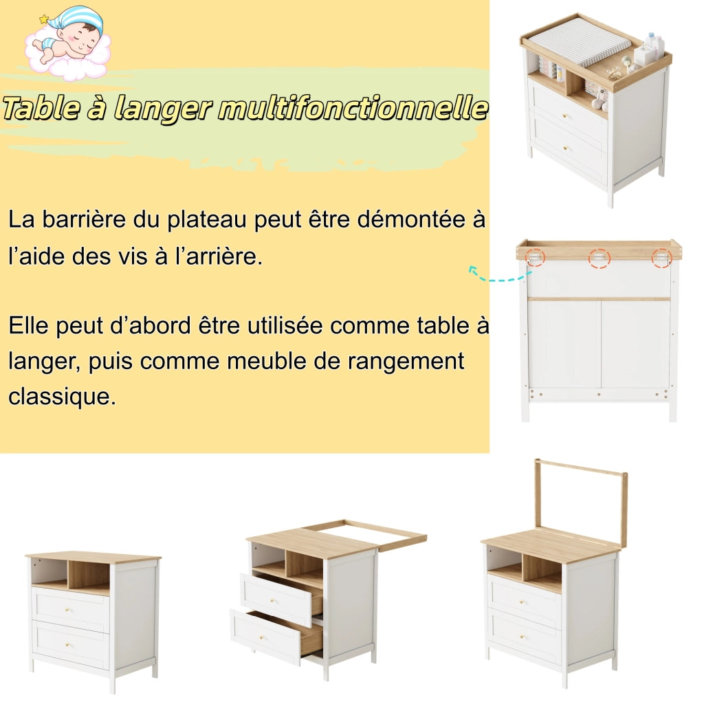 Armadio con ante scorrevoli e fasciatoio con spondina, cassetti e vani aperti, per cameretta, in MDF, bianco naturale