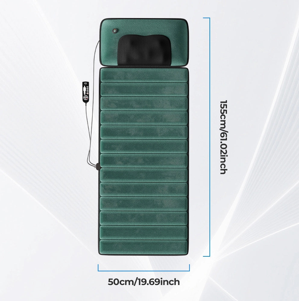 Cuscino massaggiante elettrico ULEVR 150x40 cm per collo, spalle e schiena con riscaldamento a 3 livelli, verde scuro