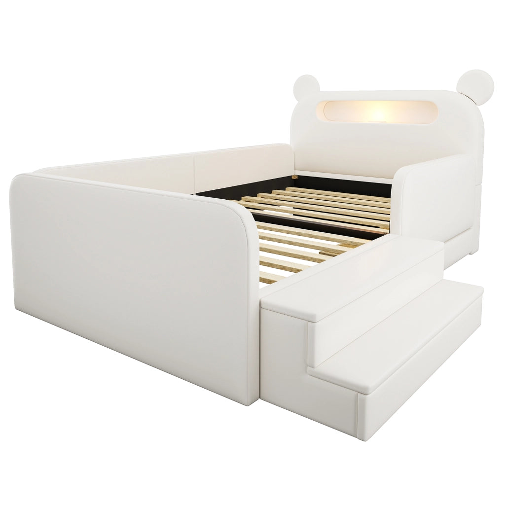 Letto imbottito per bambini con testiera a orso e USB, 90x200 cm, bianco