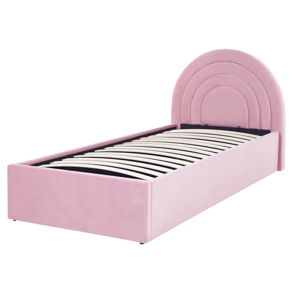 Letto con Contenitore in Velluto Rosa, Misura Singola 90 x 200 cm , Design Minimalista Retro con Testiera a Mezza Luna e Contenitore