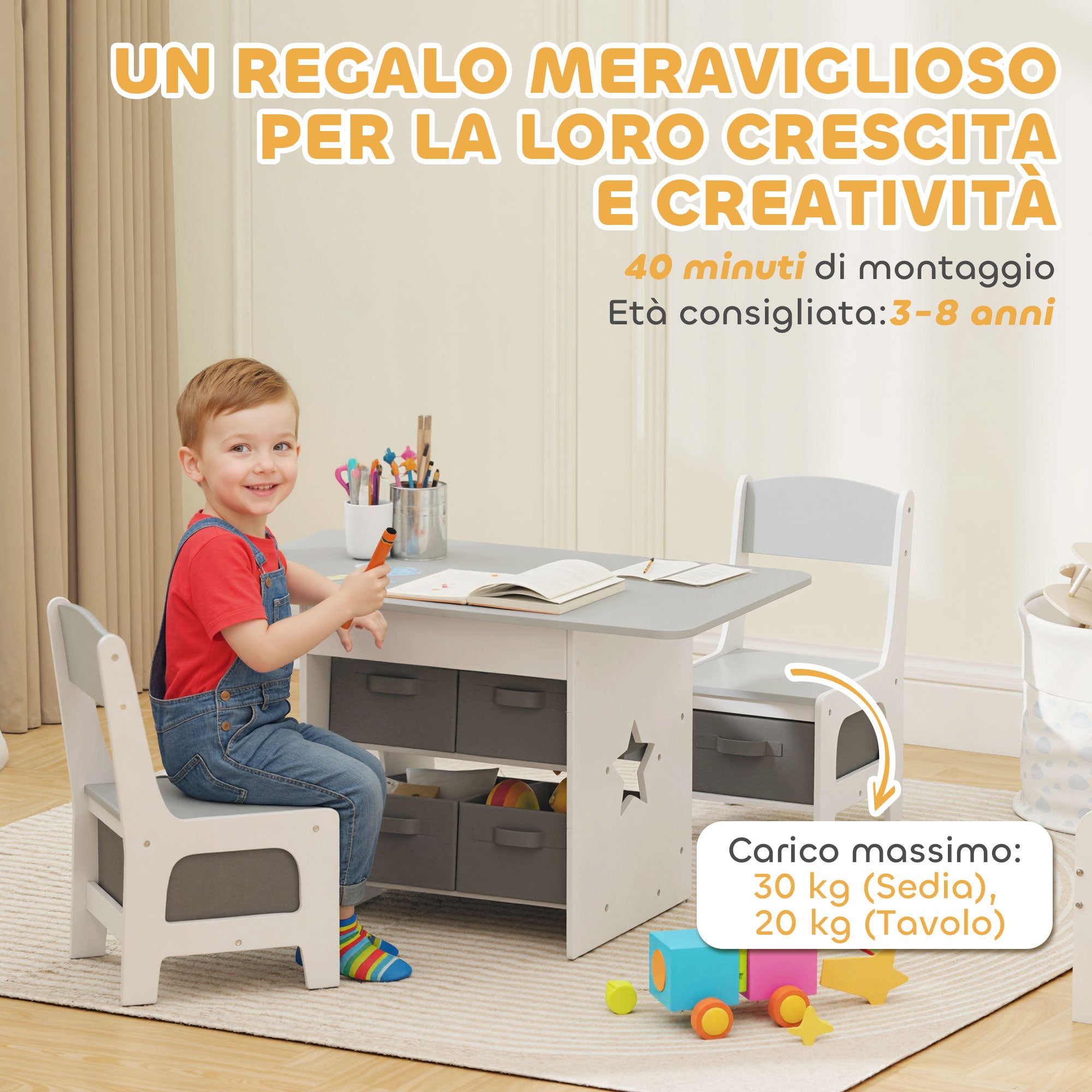 Set Tavolo e Sedie per Bambini 3-8 Anni con 6 Cassetti e Bordi Arrotondati in Legno e Tessuto Grigio e Bianco