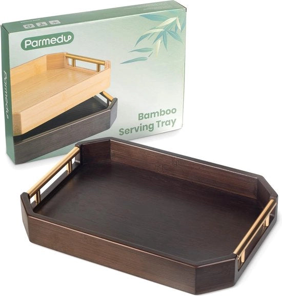Scatola di bamboo spessa con maniglie in metallo ergonomiche e estetiche, ideale per servire cibi, colazione in camera, tè, caffè, marrone scuro