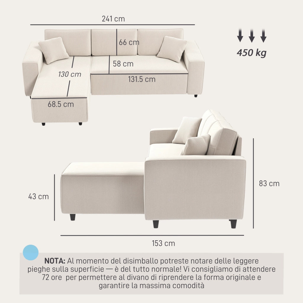 Divano Angolare 3 Posti in Tessuto Velluto ¨C Zephmum ¨C Bianco Crema 241x153x83
