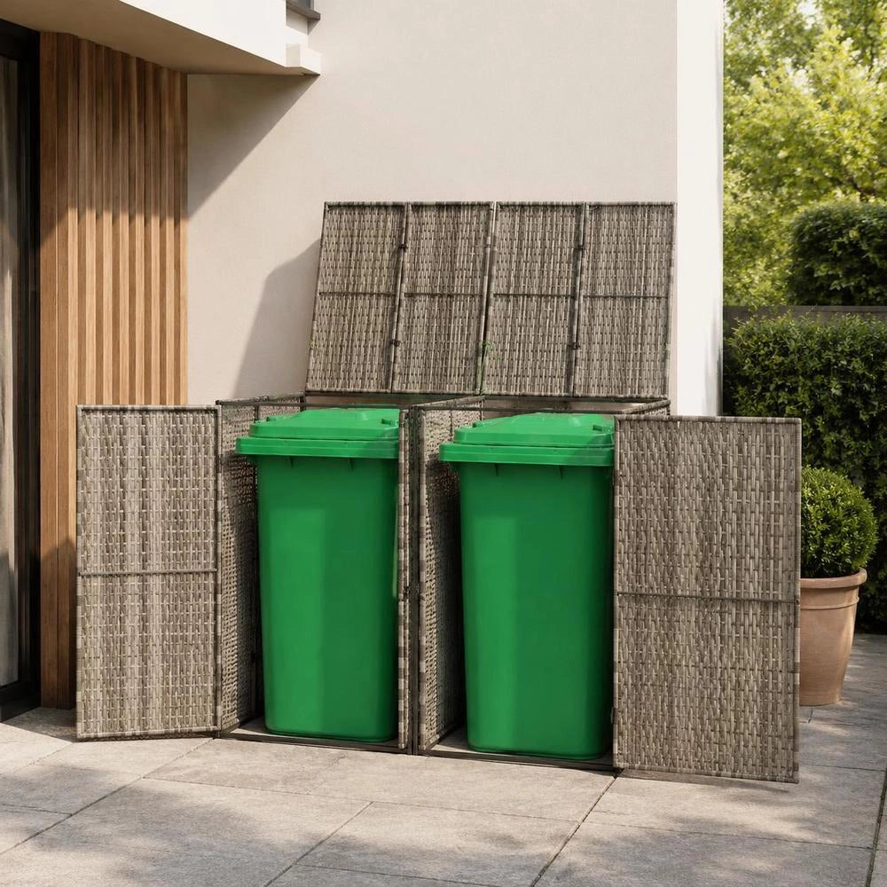 Bin Storage Unit For 2 Bins, Grey, 140x80x117 Cm, Poly Rattan