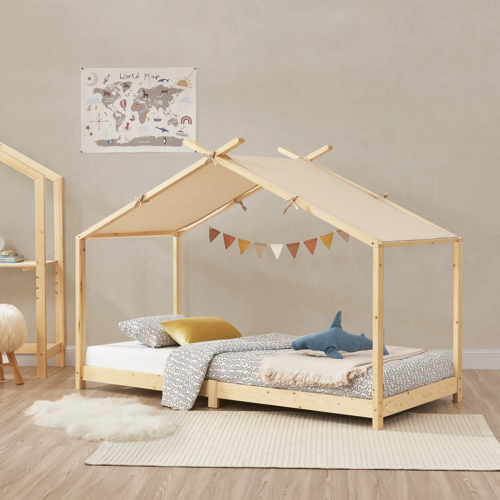 Letto Singolo Brome per Cameretta a Forma di Casetta Zona di Riposo 90x200 cm Legno Naturale [en.casa]