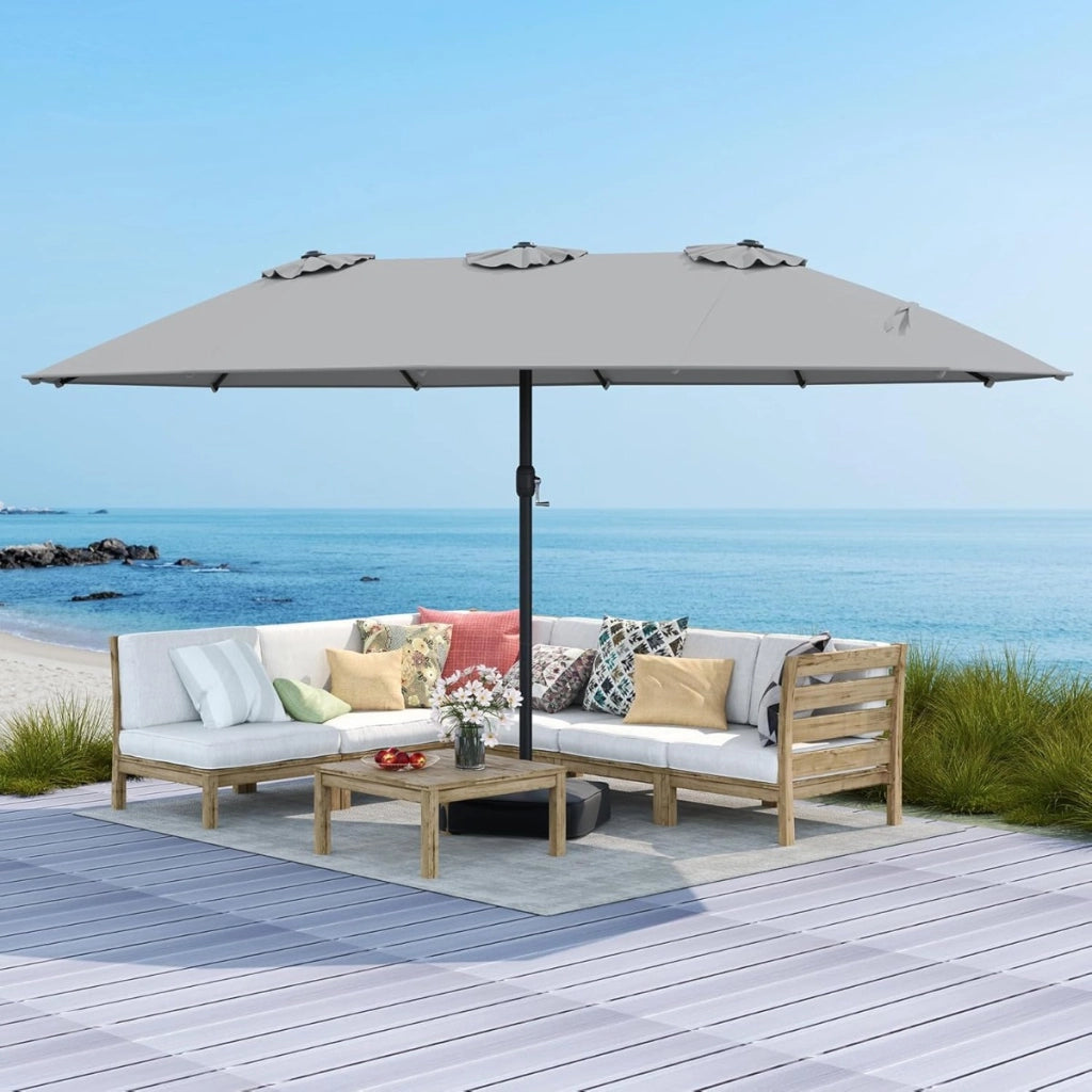 Ombrellone da patio doppio lato da mercato per cortile, Ombrellone con 12 stecche in metallo Grigio