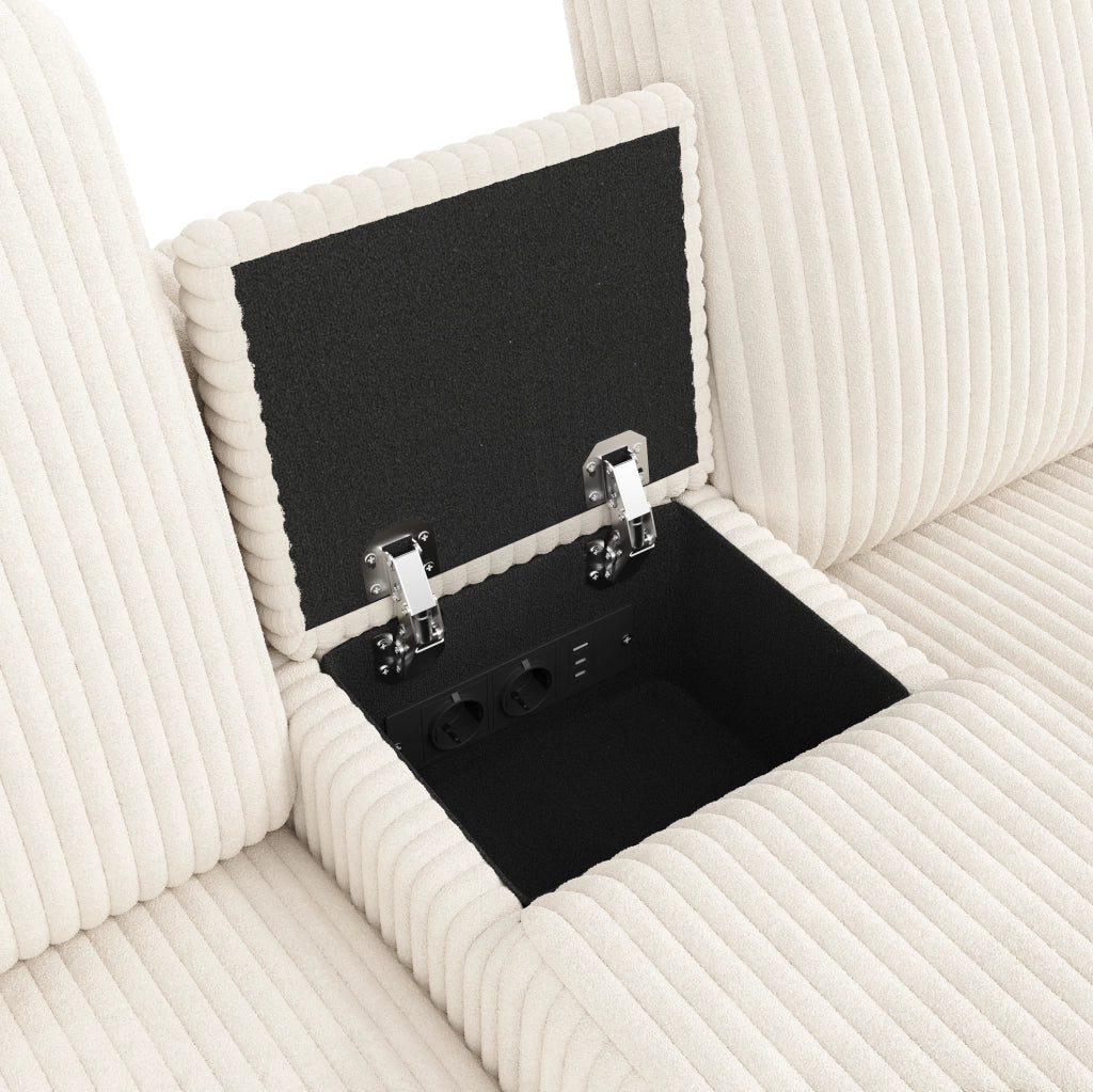Divano a U in velluto a coste beige con contenitori, tavolino e prese integrate