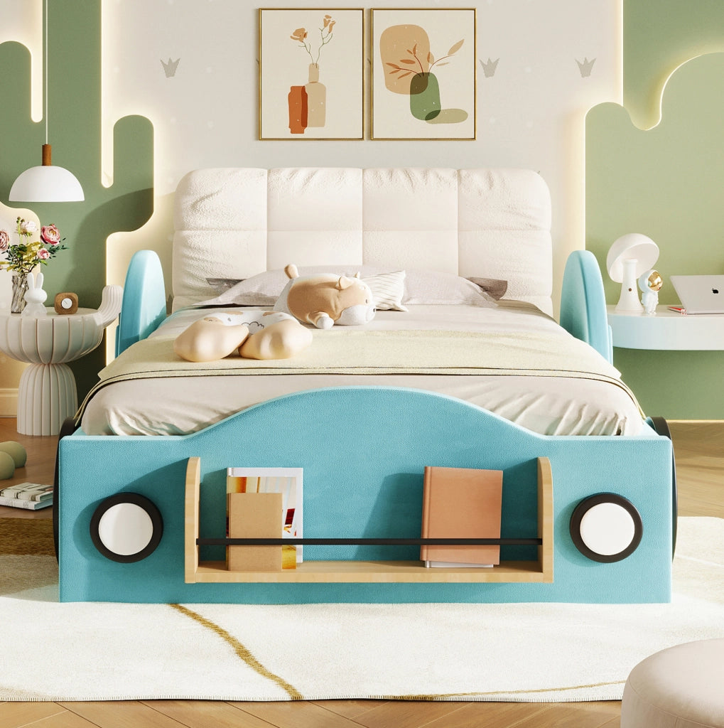 Letto imbottito 90x200 cm con contenitore idraulico in flanella blu e cuscino