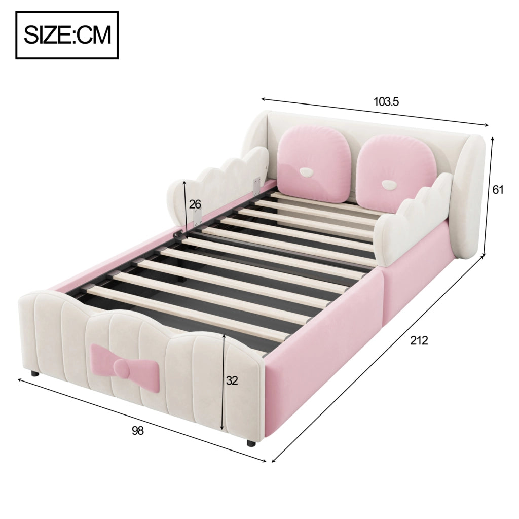 Letto per bambini imbottito 90x200 cm in velluto beige con contenitore idraulico e cuscini