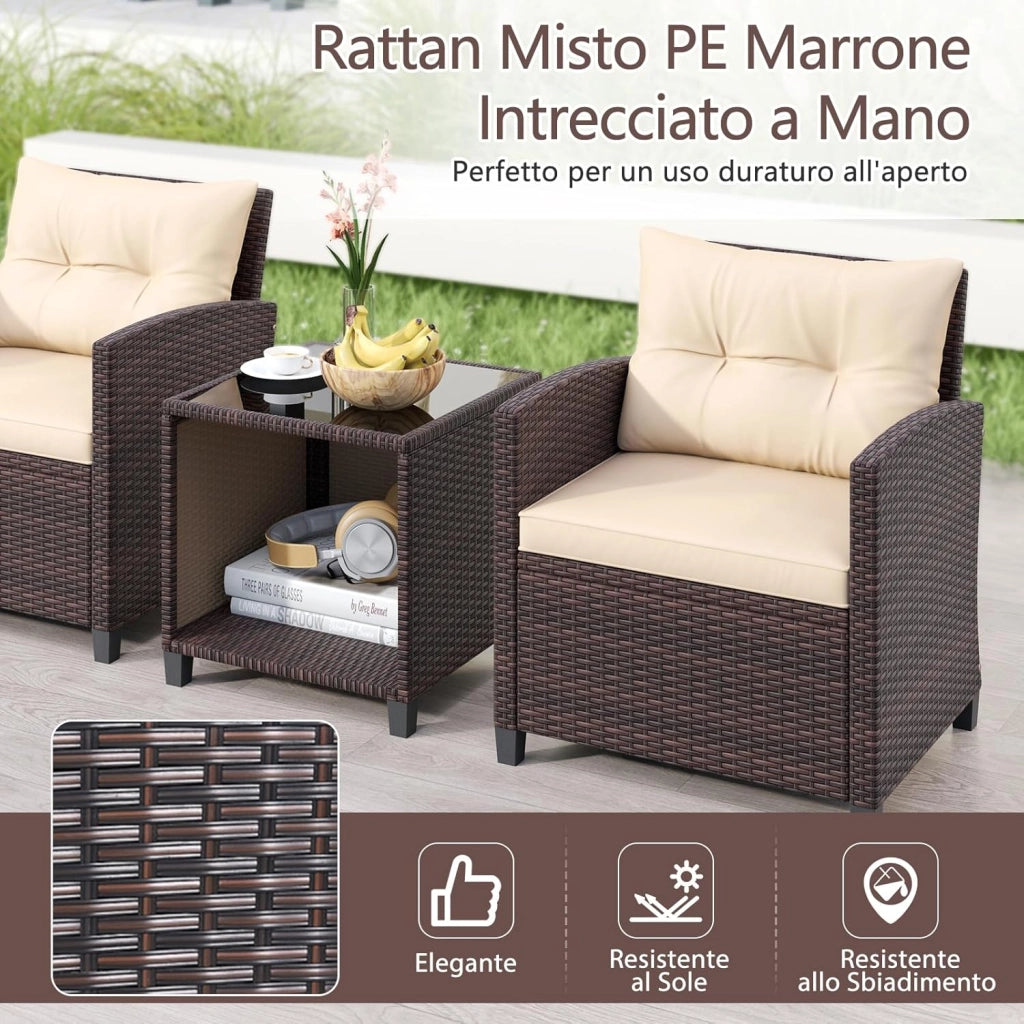 Set Salotto da Giardino da 3 Pezzi, con 2 Sedie e Tavolo da Caffè in Vetro, Divanetto in Rattan con Cuscini per Seduta e Schienale, Set da Conversazione per Cortile e Patio
