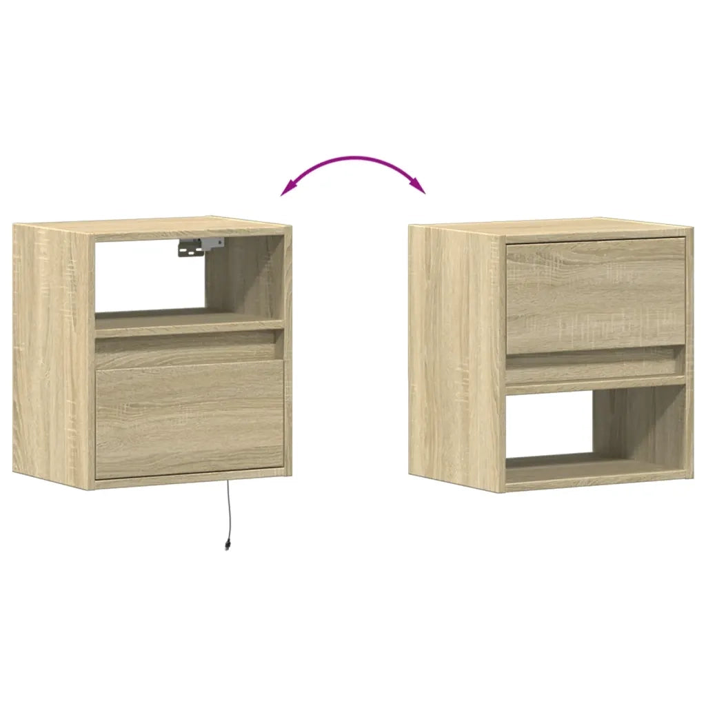 Comodino | Armadio da Notte | Mobiletto da notte a Parete con luci LED Rovere Sonoma